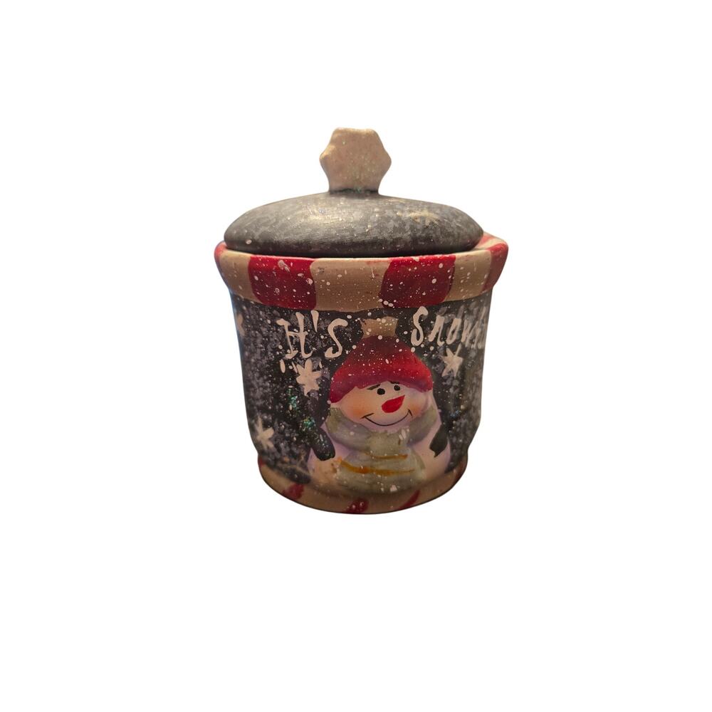 Holiday Snowman Candle "It's Snowing" Ceramic Jar w Lid Winter Christmas Decor